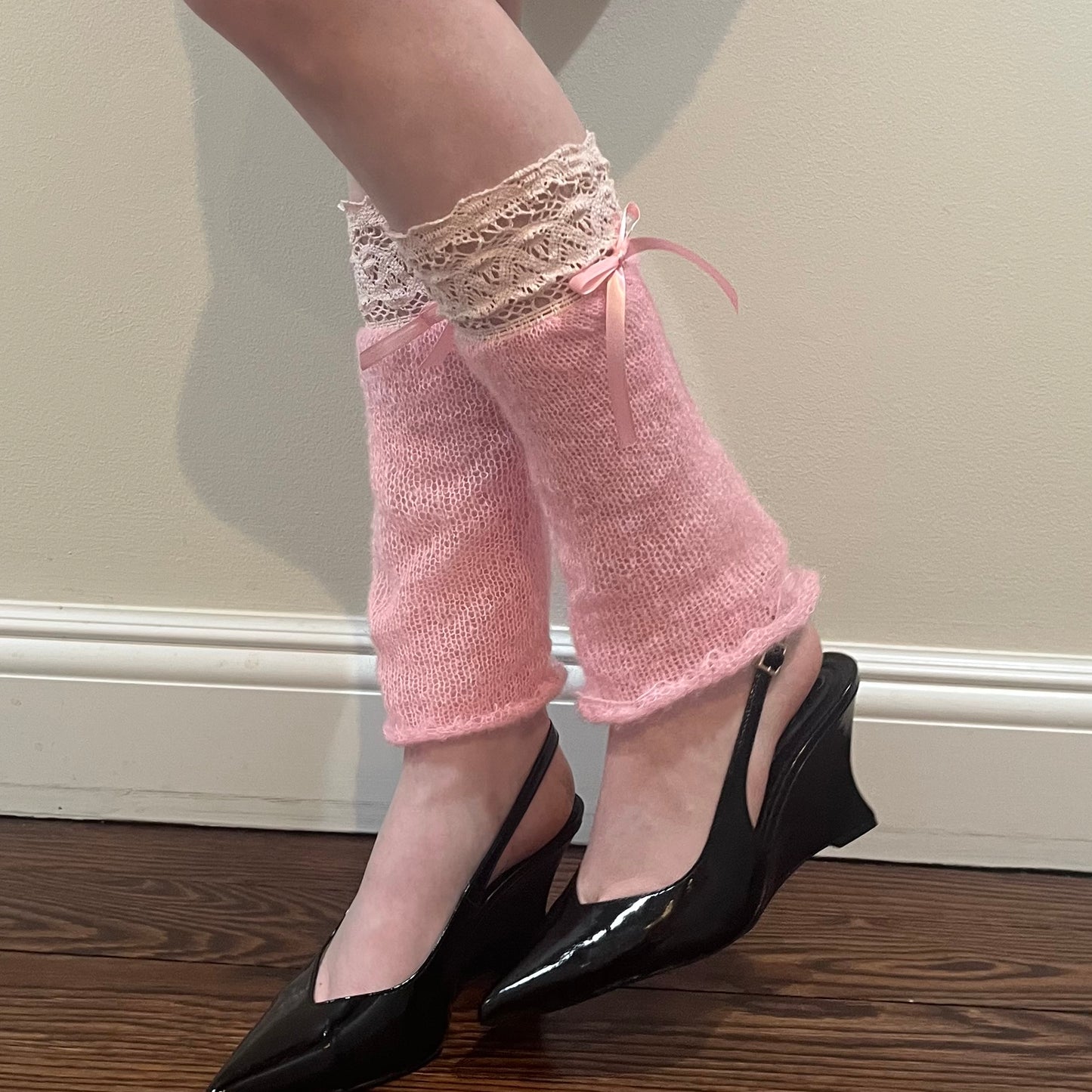 Chic pink lace leg warmers β Y2K-inspired, mohair knit with a preppy twist. Stylish and versatile, perfect for elevating any outfit. SewChic4U