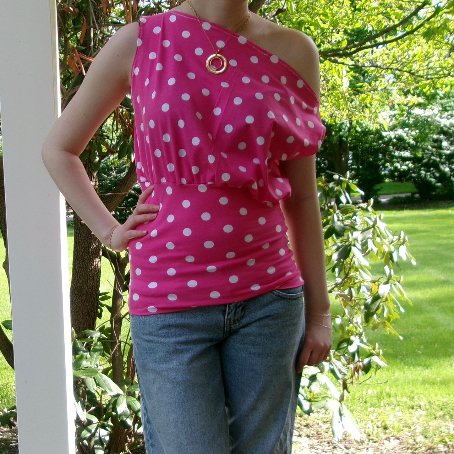 Pink Polka Dot Off-Shoulder Tank Top