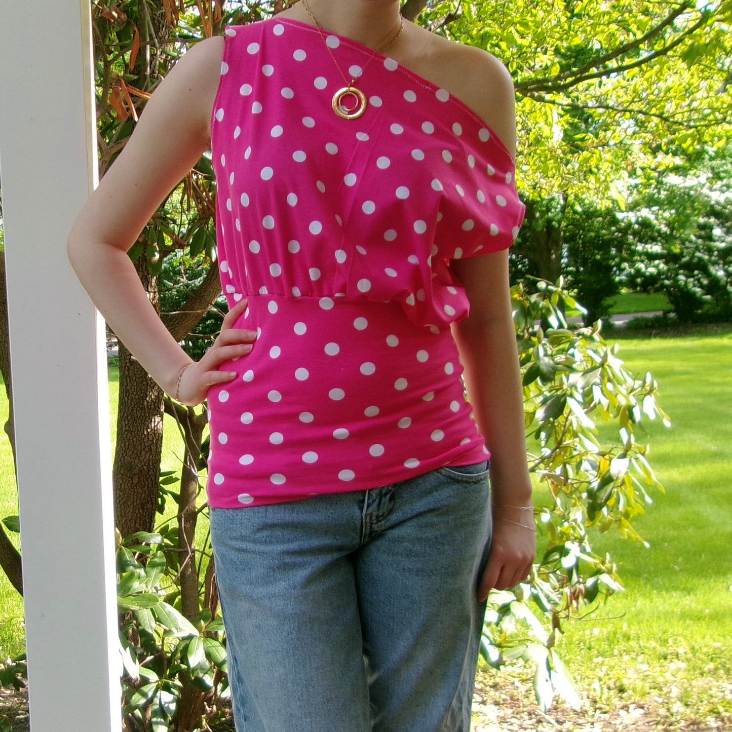 Pink Polka Dot Off-Shoulder Top