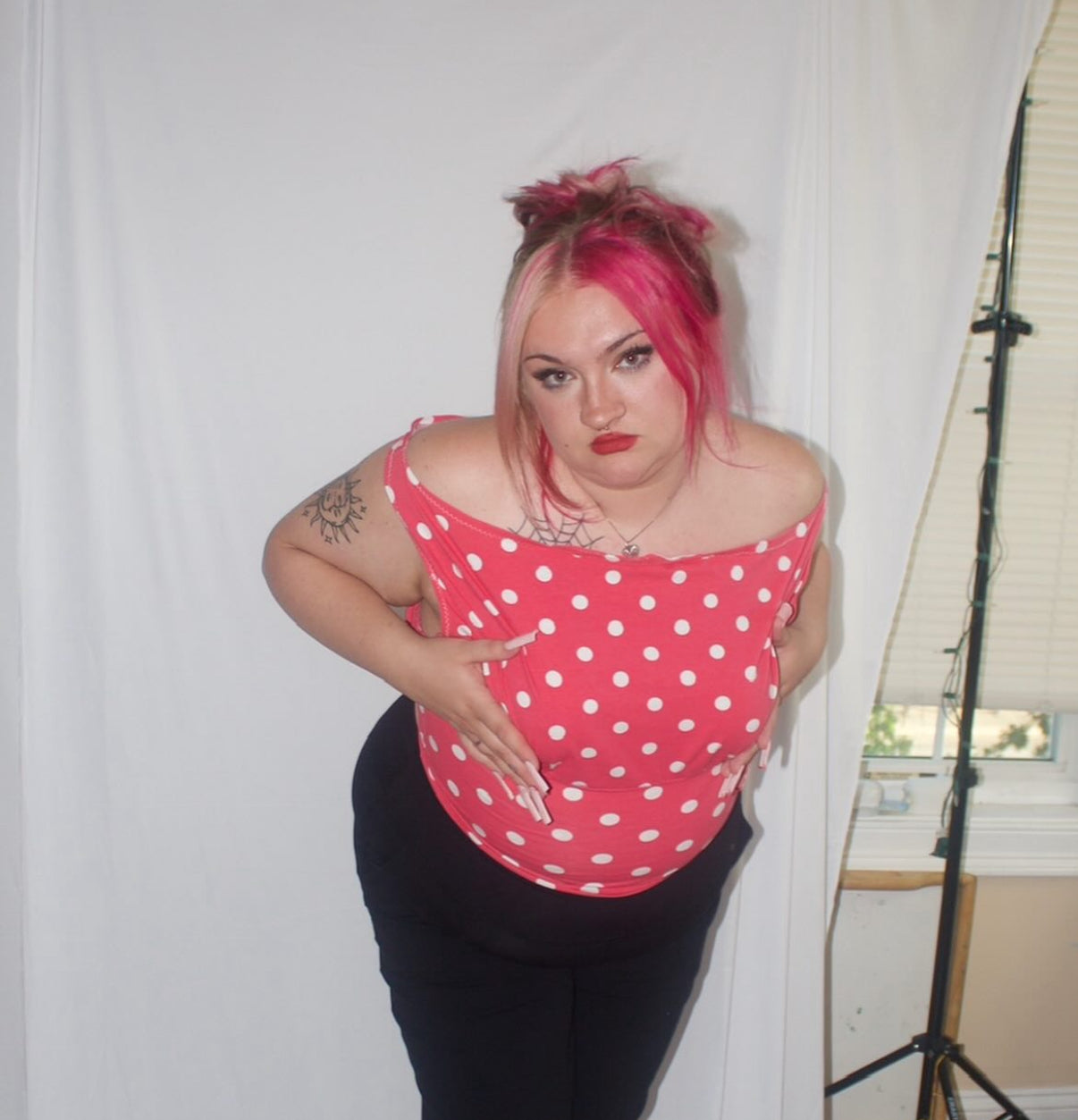 Pink Polka Dot Off-Shoulder Top