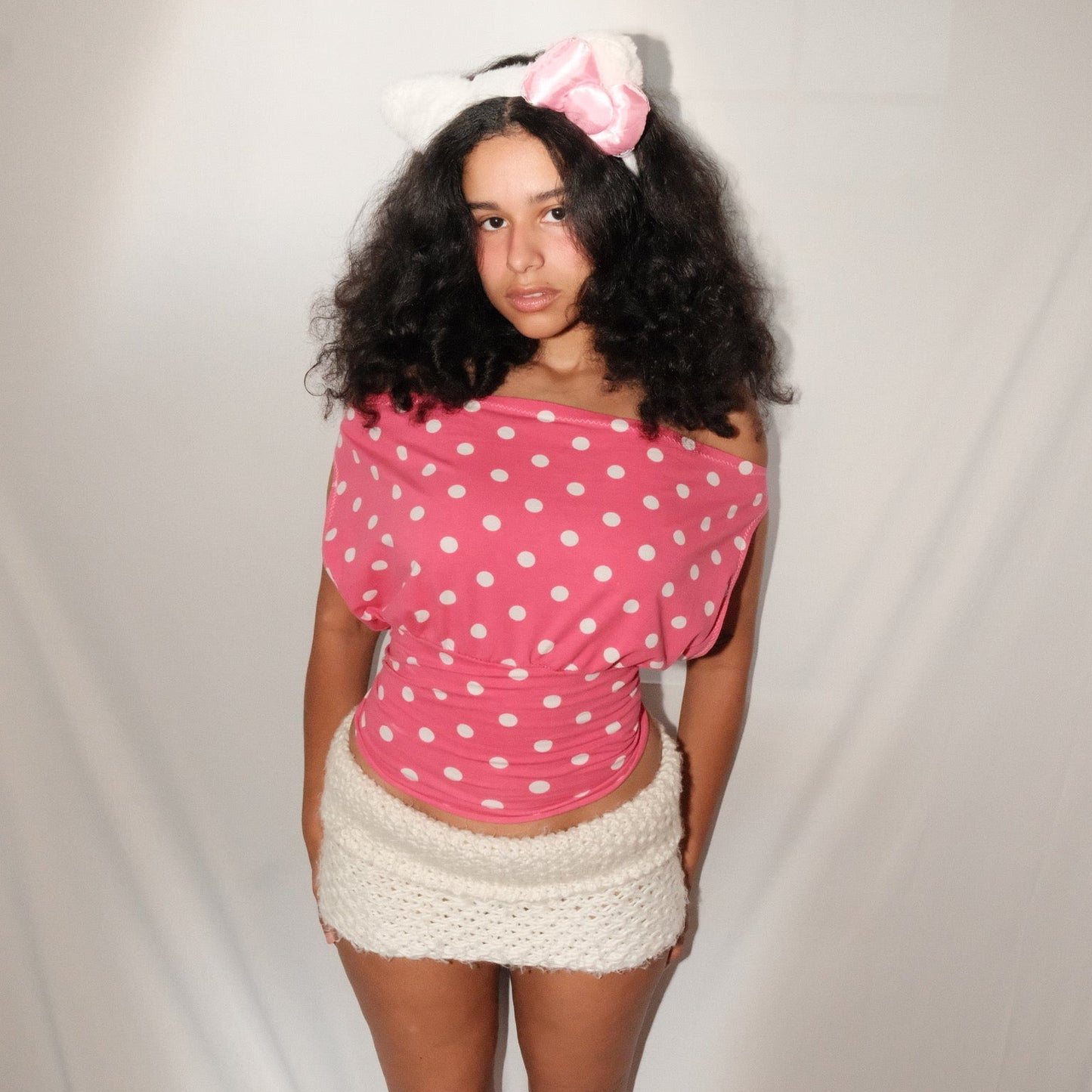 Pink Polka Dot Off-Shoulder Top