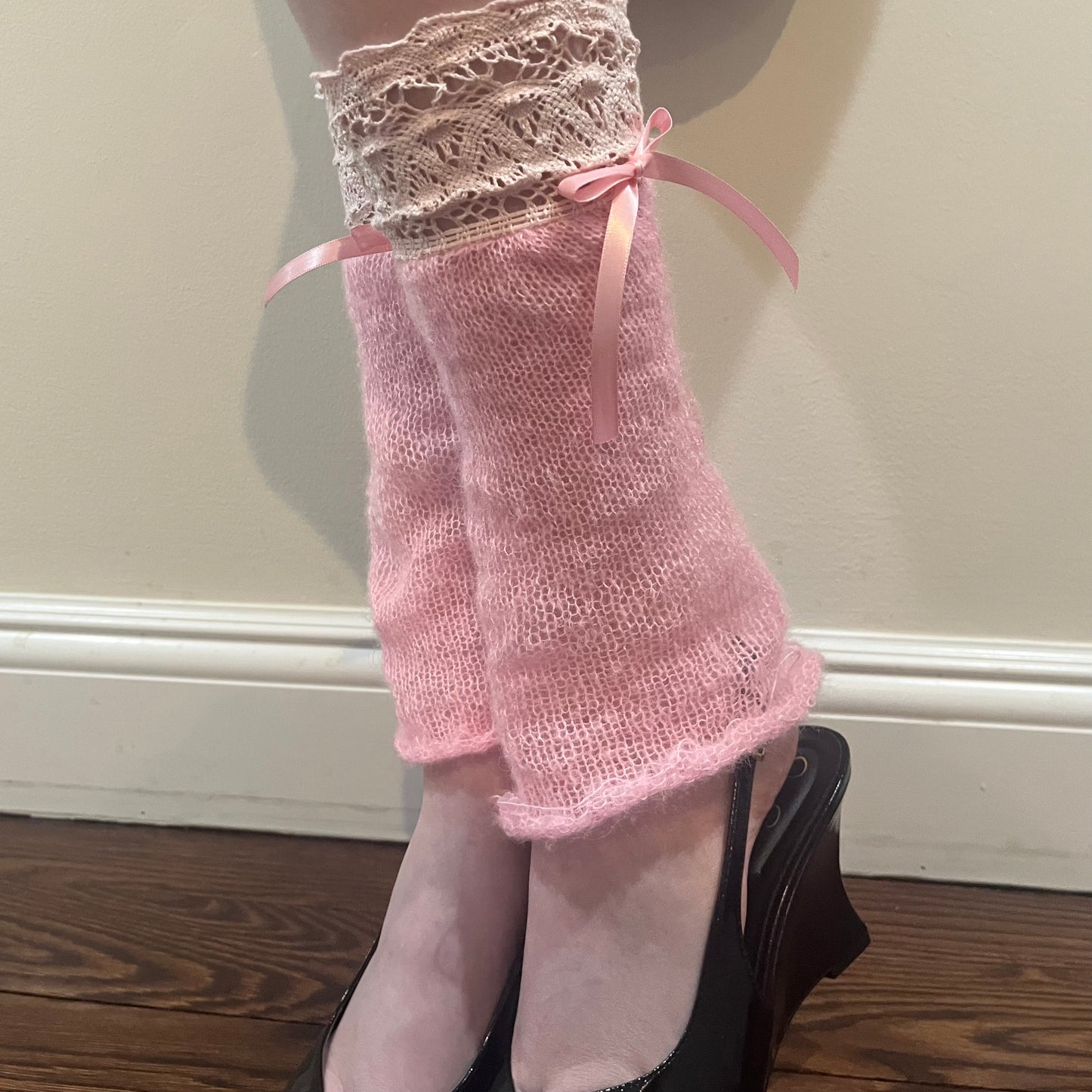 Chic pink lace leg warmers β Y2K-inspired, mohair knit with a preppy twist. Stylish and versatile, perfect for elevating any outfit. SewChic4U