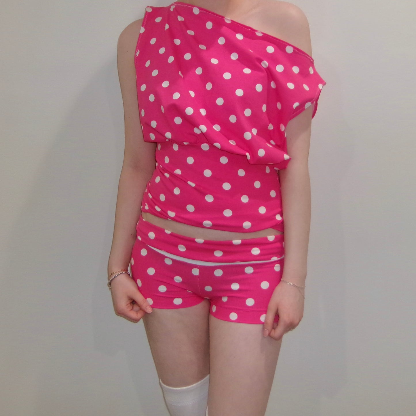 Pink Polka Dot Off-Shoulder Tank Top