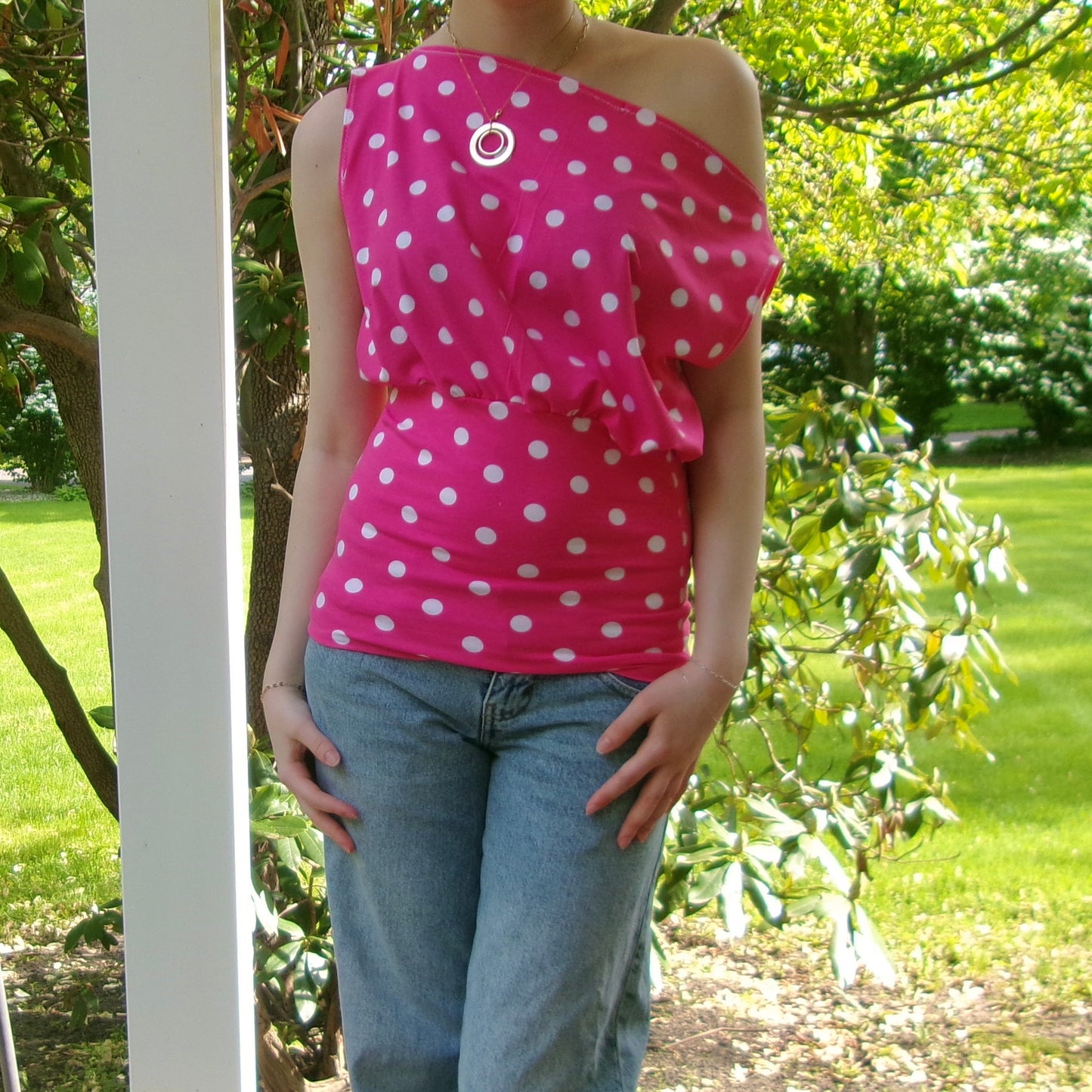 Pink Polka Dot Off-Shoulder Top