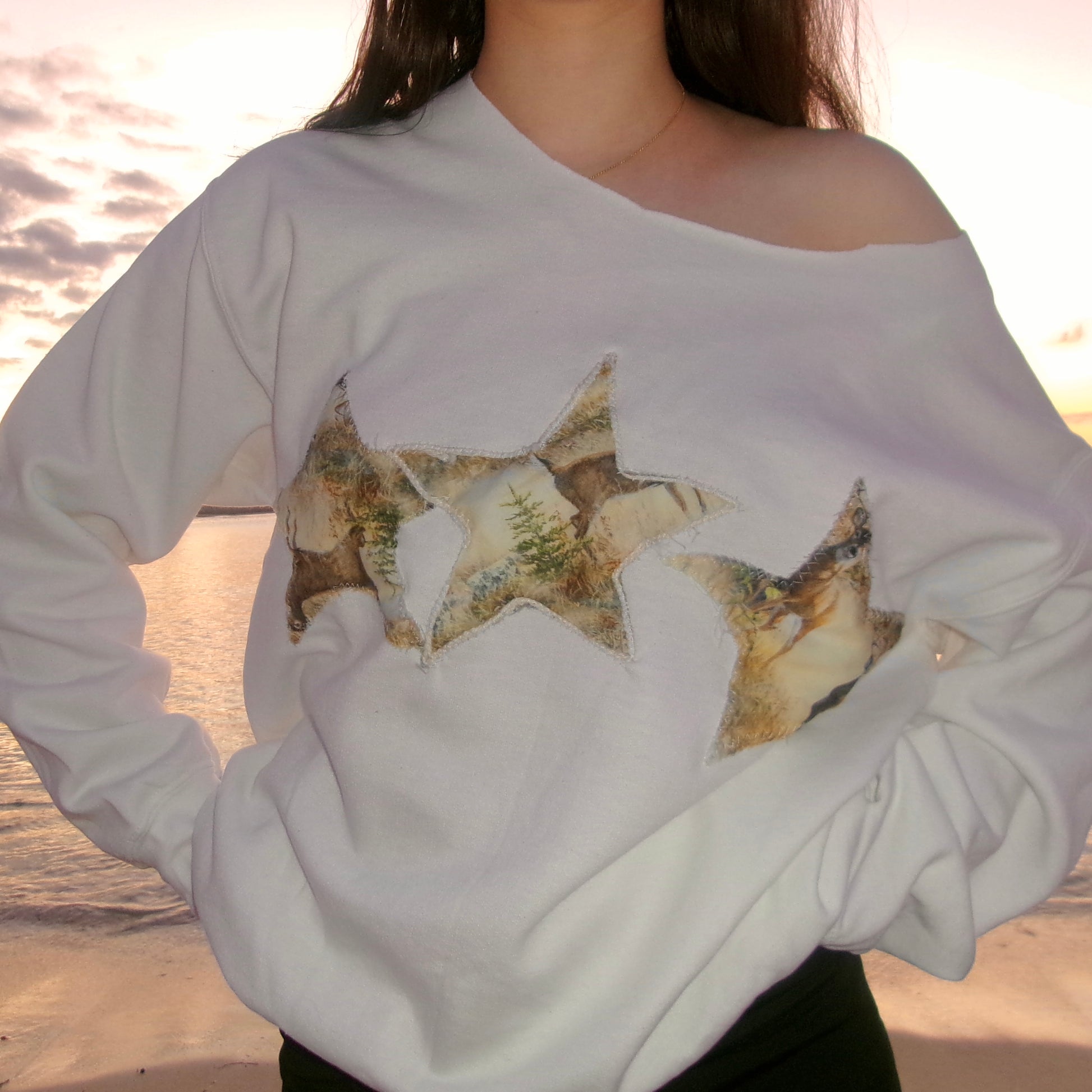 Chic camo off-shoulder star sweatshirt – the perfect blend of comfort and style, with a trendy camo pattern for a casual, fashionable look. SewChic4U