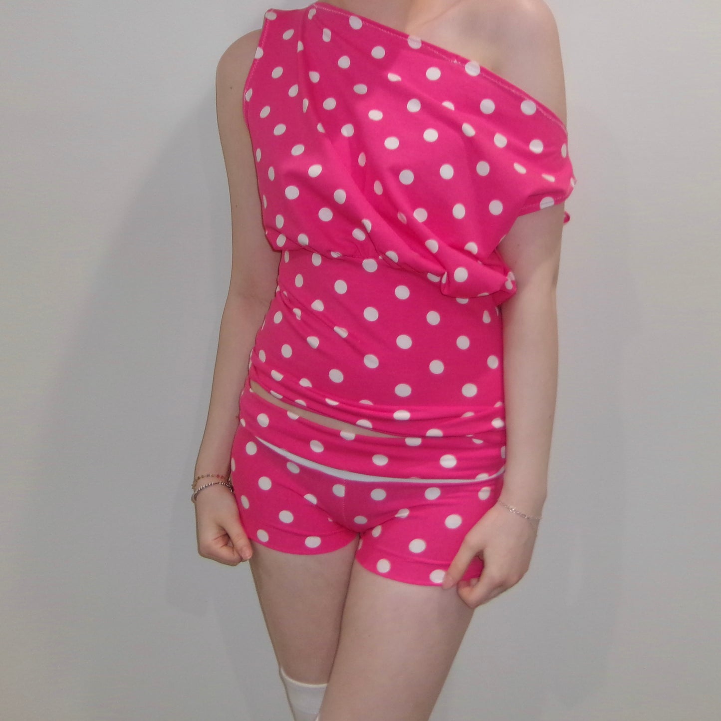Pink Polka Dot Off-Shoulder Tank Top