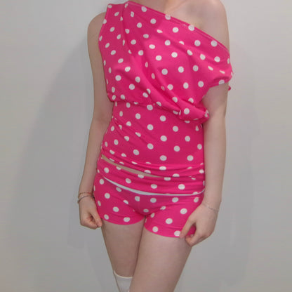 Pink Polka Dot Off-Shoulder Tank Top