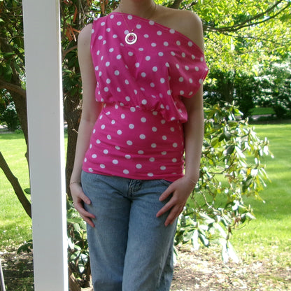 Pink Polka Dot Off-Shoulder Tank Top