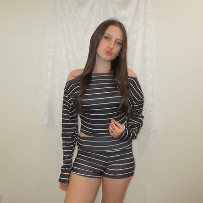 Striped Off-Shoulder Long Sleeve Top