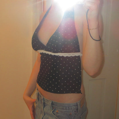 Black Polka Dot Lace Backless Halter
