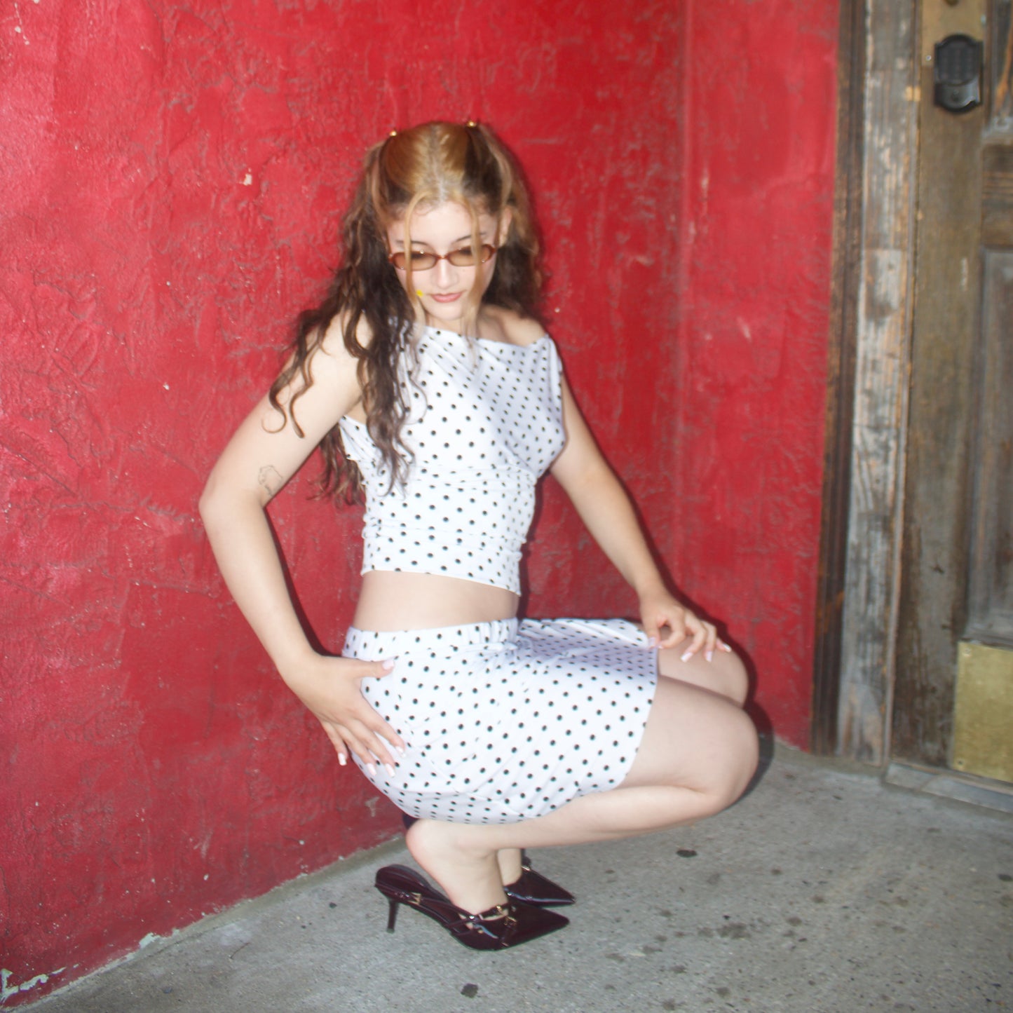 Low-Rise Polka Dot Midi Skirt