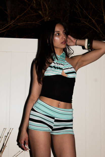 Aqua Stripe Foldover Micro Shorts