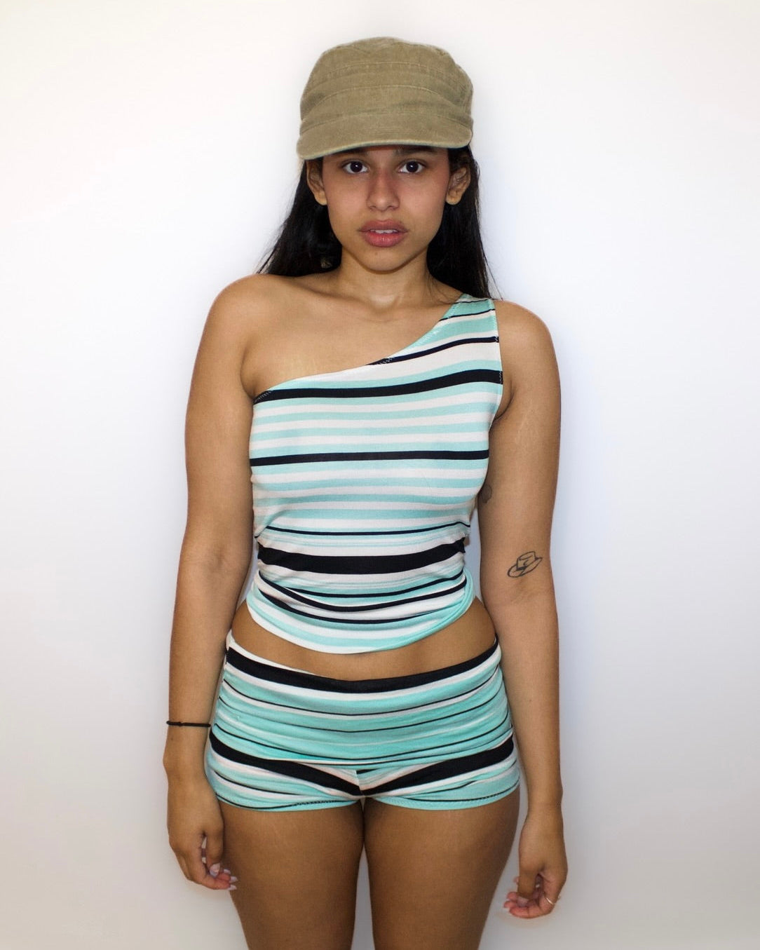 Aqua Stripe One Shoulder
